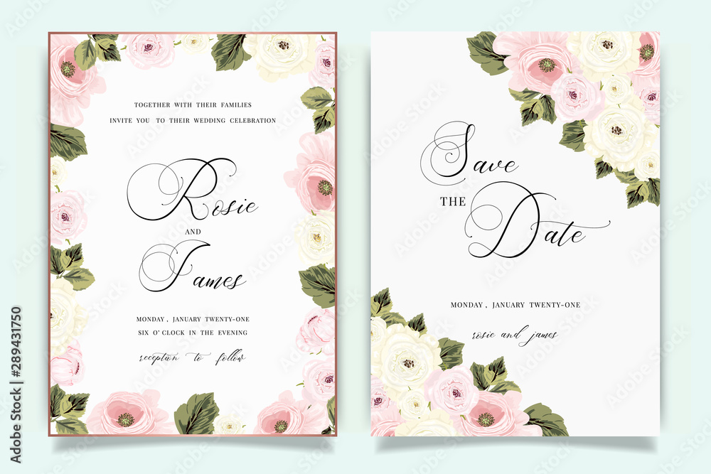 Luxury Wedding Invitation set,  invite thank you, rsvp modern card Design in Golden and pink rose with leaf greenery branches  decorative Vector elegant rustic template