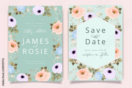 Luxury Wedding Invitation set,  invite thank you, rsvp modern card Design in Golden and pink rose with leaf greenery branches  decorative Vector elegant rustic template