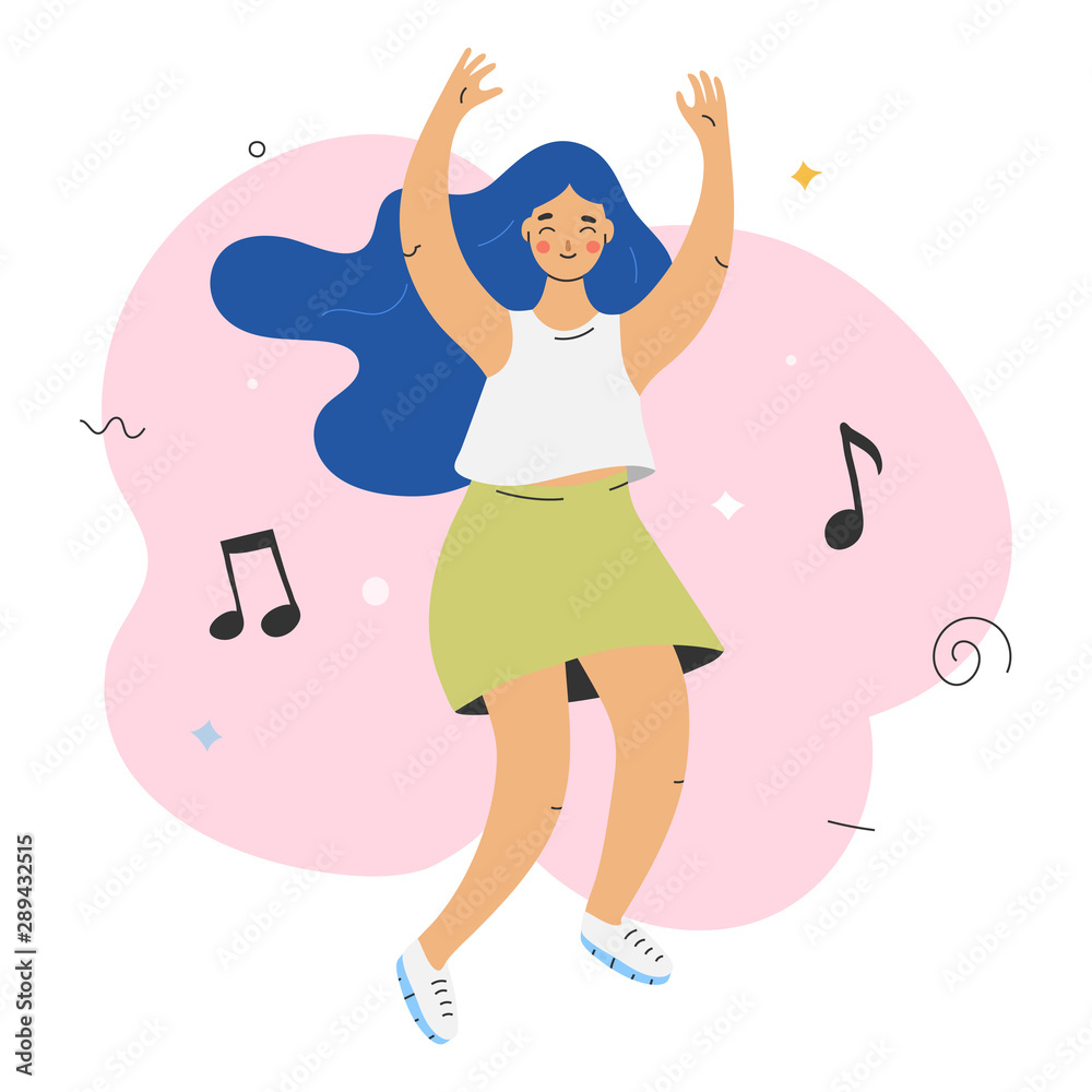 Young cute happy dancing girl character, female dancer to music isolated .  Smiling young woman enjoying dance party. Vector illustration in modern  trendy flat cartoon style. Stock Vector | Adobe Stock