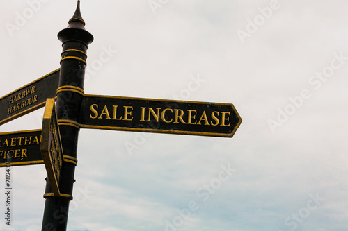 Text sign showing Sale Increase. Business photo text Average Sales Volume has Grown Boost Income from Leads Road sign on the crossroads with blue cloudy sky in the background