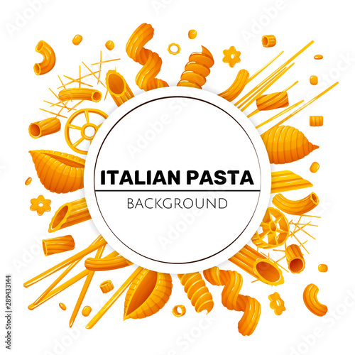Round background with different types of pasta