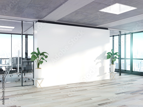 Blank wall in bright concrete office with large windows Mockup 3D rendering © sdecoret