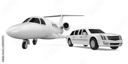 Luxury Limousine Car and Private Jet Isolated
