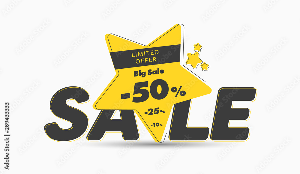 Star-shaped vector yellow sticker template for big sale. Limited offer with a 50% discount.