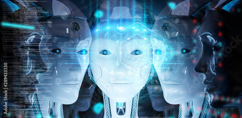 Group of female robots heads using digital hologram screens 3d rendering