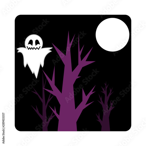 Spooky forest. Ghost hovering clip art.flat style.