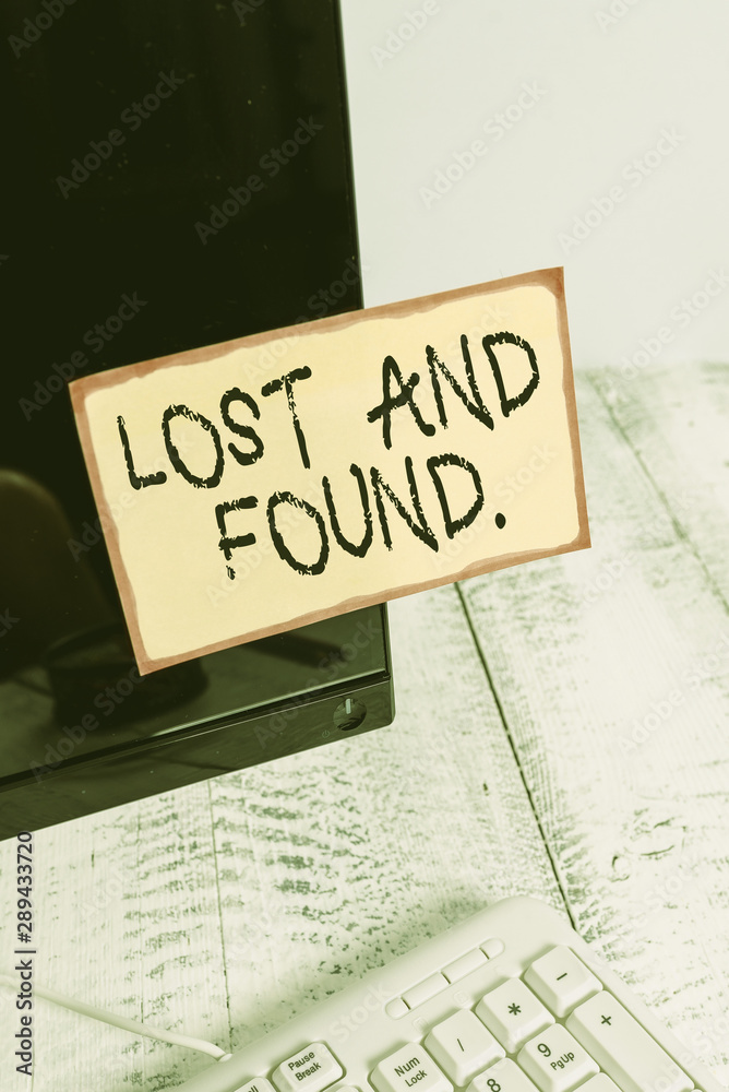 Word writing text Lost And Found. Business photo showcasing a place where lost items are stored until they reclaimed Notation paper taped to black computer monitor screen near white keyboard Word writing text Lost And Found. Business photo showcasing a place where lost items are stored until they reclaimed Notation paper taped to black computer monitor screen near white keyboard