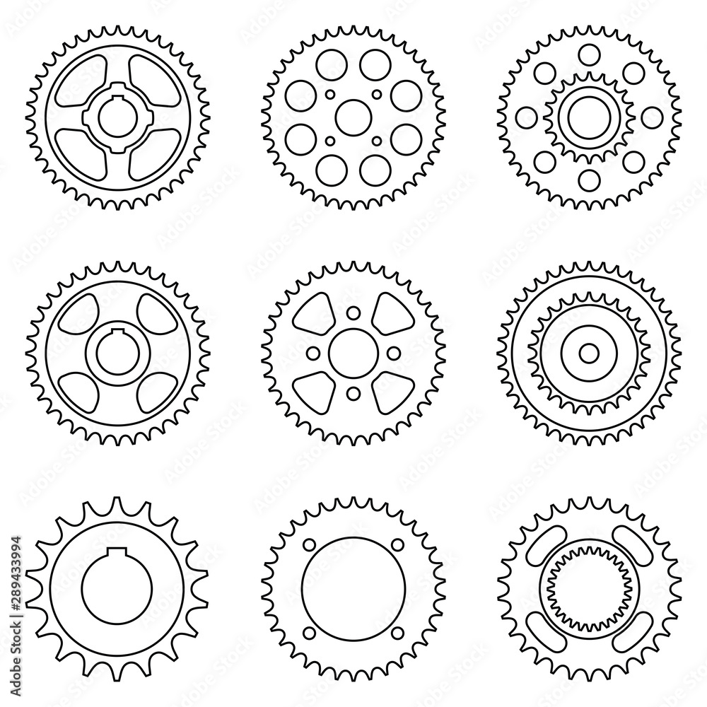 Sprocket wheel. Machine parts. Flat icons. Vector thin line