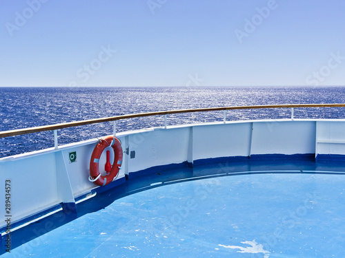 Ship ferry deck with  no people while sailing at Aegean sea , Greece. photo