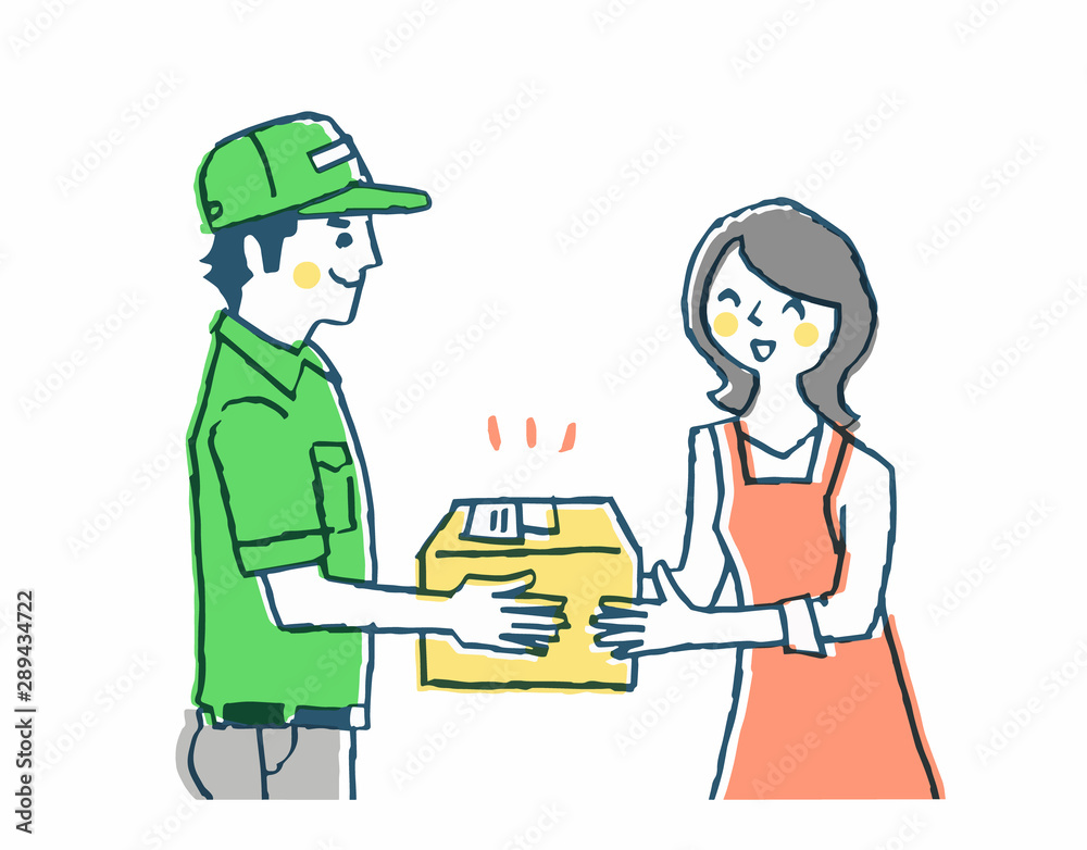 宅配業者から荷物を受け取る主婦 宅配業者から荷物を受け取る主婦