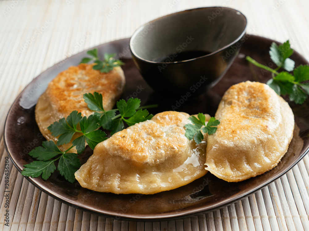 Japanese Gyoza dumplings with a mushroom vegetable filling.