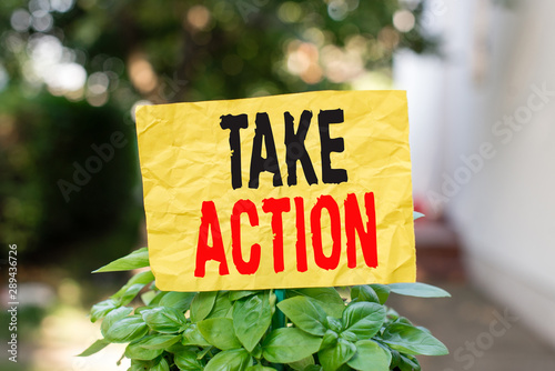 Word writing text Take Action. Business photo showcasing to do somethingoract in order to get a particular result Plain empty paper attached to a stick and placed in the green leafy plants