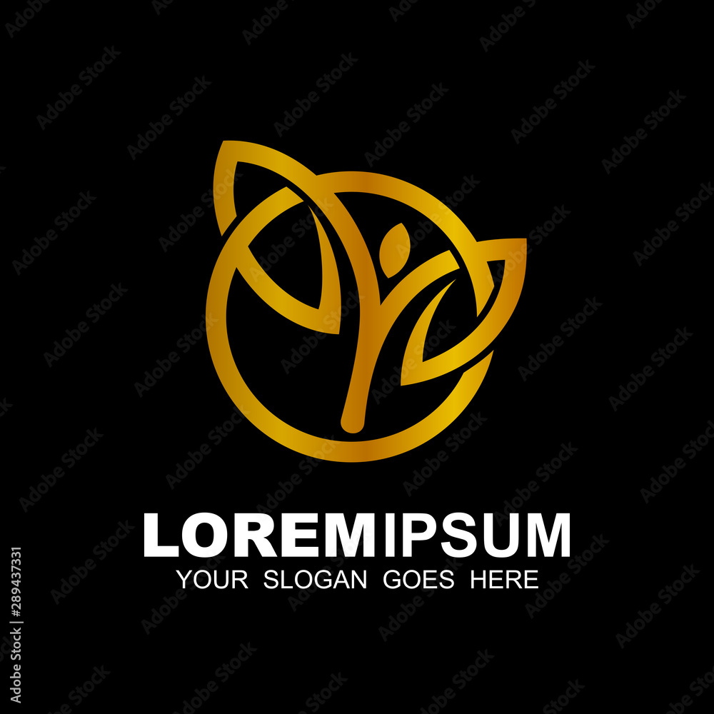 Tea leaf logo with a golden color combination, leaf and line logo, circle icon Tea leaf logo with a golden color combination, leaf and line logo, circle icon