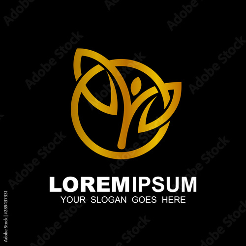 Tea leaf logo with a golden color combination, leaf and line logo, circle icon