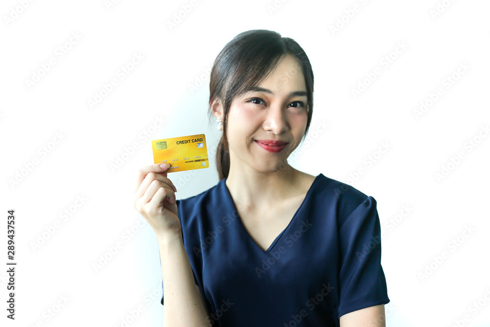 Portrait Asia smiling woman with credit card in hand,happy to have money concept. Portrait Asia smiling woman with credit card in hand,happy to have money concept.