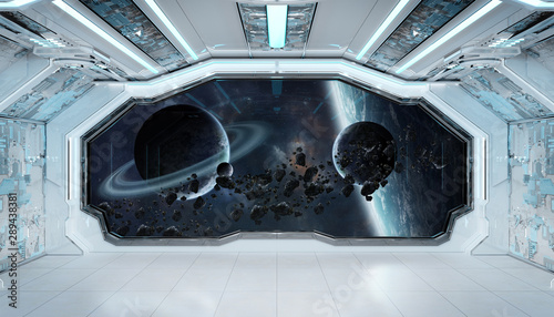 Fototapeta Naklejka Na Ścianę i Meble -  White blue spaceship futuristic interior with window view on space and planets 3d rendering
