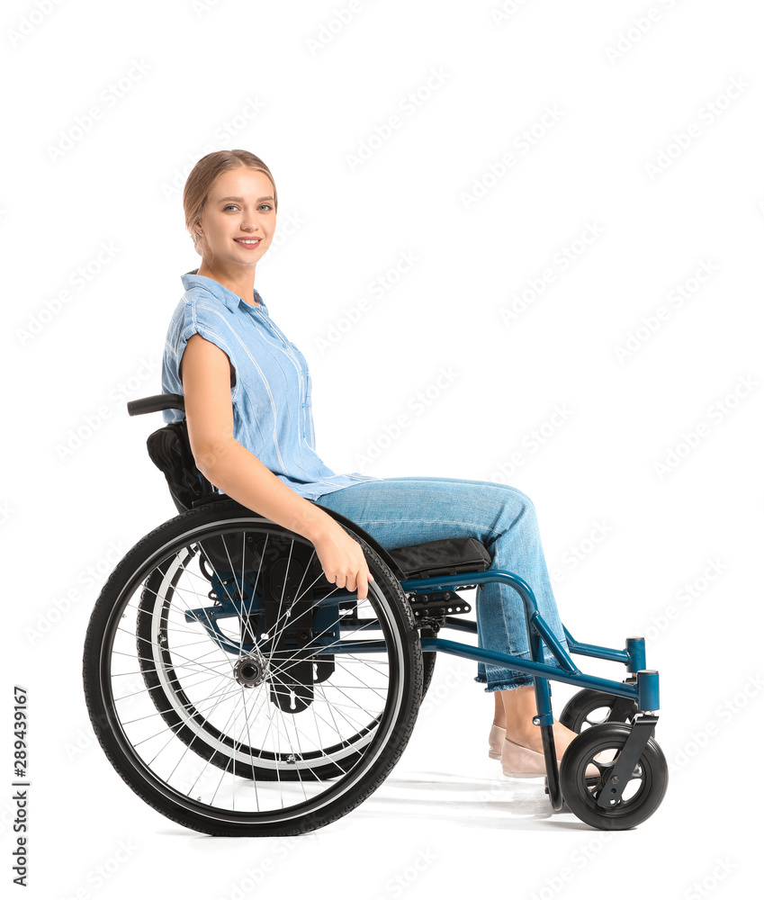 Beautiful woman in wheelchair on white background Beautiful woman in wheelchair on white background