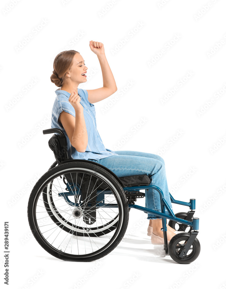 Happy woman in wheelchair on white background Happy woman in wheelchair on white background