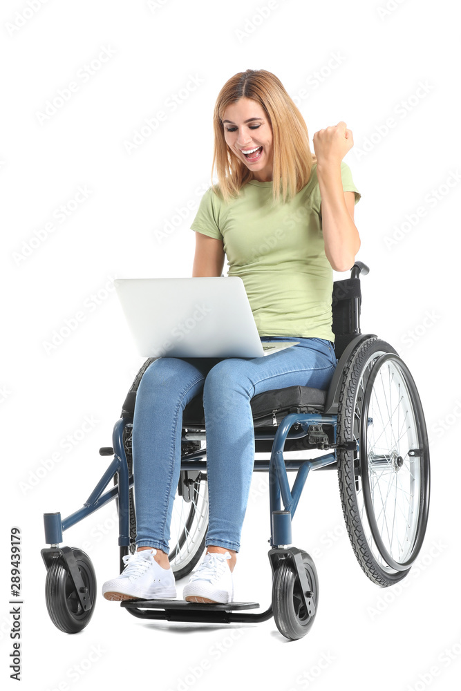 Happy woman with laptop in wheelchair on white background Happy woman with laptop in wheelchair on white background
