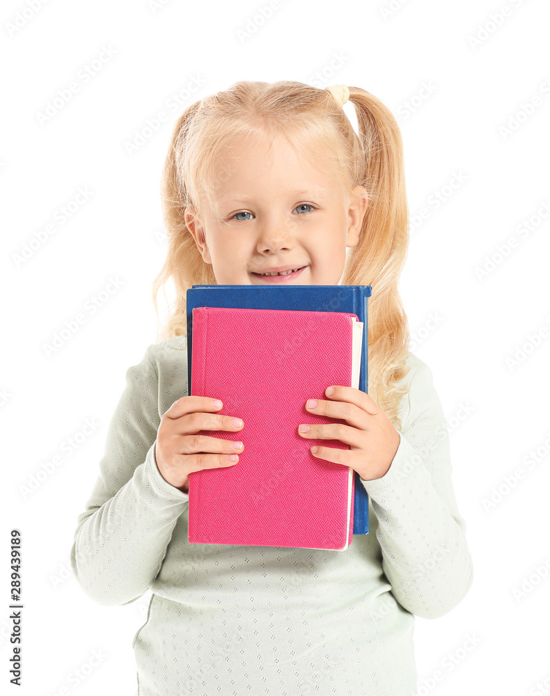 Cute little girl with books on white background Cute little girl with books on white background