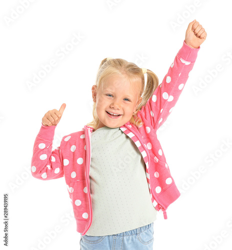 Happy little girl on white ...