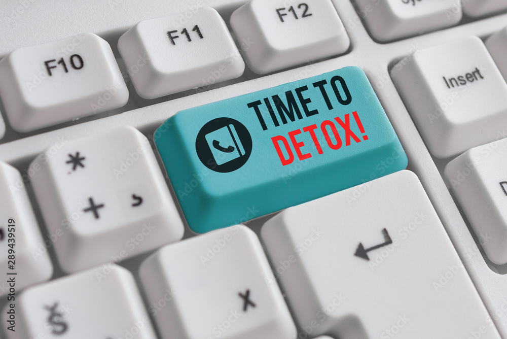 Writing note showing Time To Detox. Business concept for when you purify your body of toxins or stop consuming drug White pc keyboard with note paper above the white background Writing note showing Time To Detox. Business concept for when you purify your body of toxins or stop consuming drug White pc keyboard with note paper above the white background