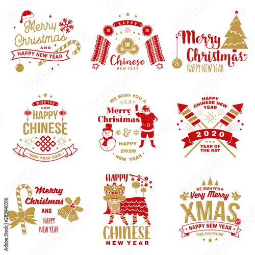 Set of Merry Christmas and happy Chinese New Year design in retro style. Vector. Vintage typography design for chinese new year and xmas emblem.