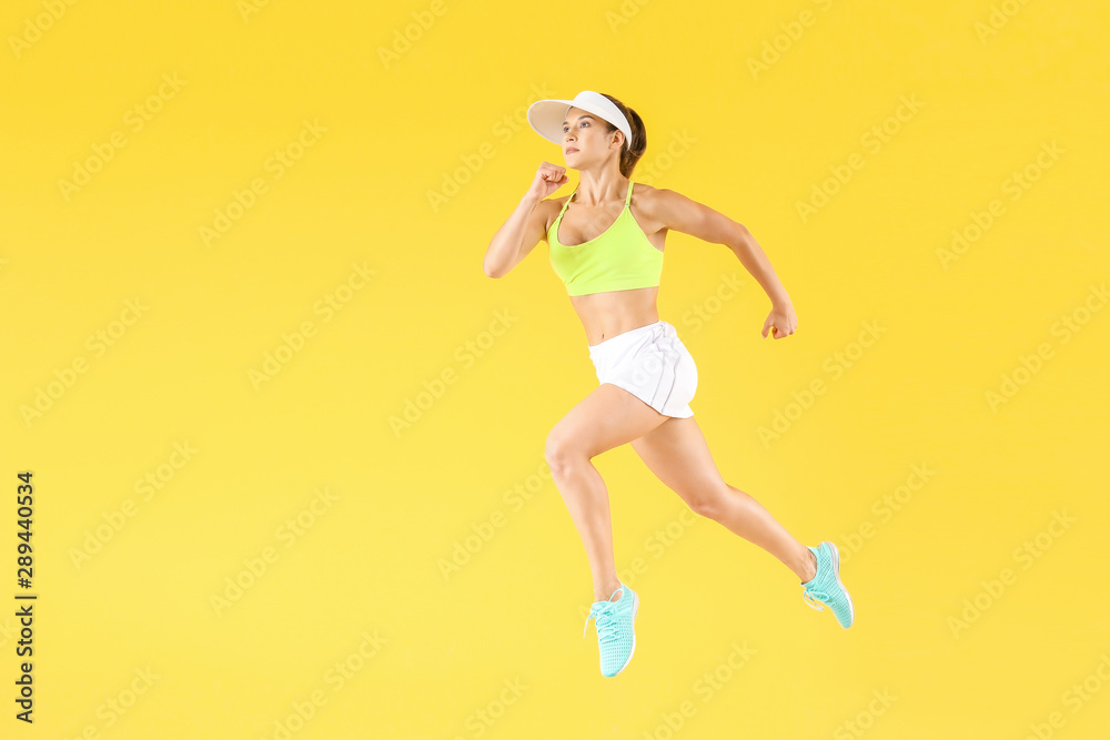 Running female tennis player on color background Running female tennis player on color background