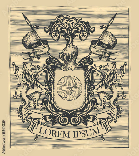 Vector heraldic Coat of arms in vintage style with shield, knightly armor, spears, helmet, lions, ribbon and moon. A medieval heraldry, emblem, sign, symbol. Hand-drawn image, engraved illustration.