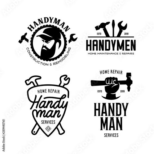 Handyman labels badges emblems and design elements. Carpentry related vector vintage illustration.
