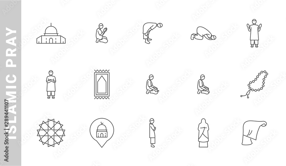 islamic pray icon set. Outline Style. each made in 64x64 pixel