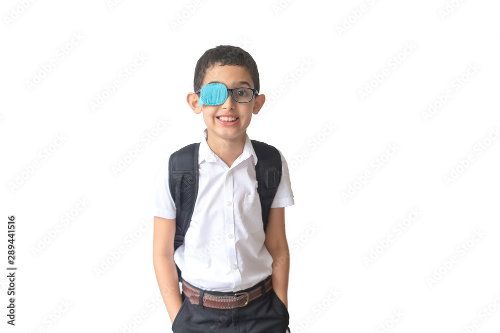 Portrait of boy in glasses with patch. Eye patch for glasses t treat lazy eye, amblyopia, strabismus. Portrait of boy in glasses with patch. Eye patch for glasses t treat lazy eye, amblyopia, strabismus.