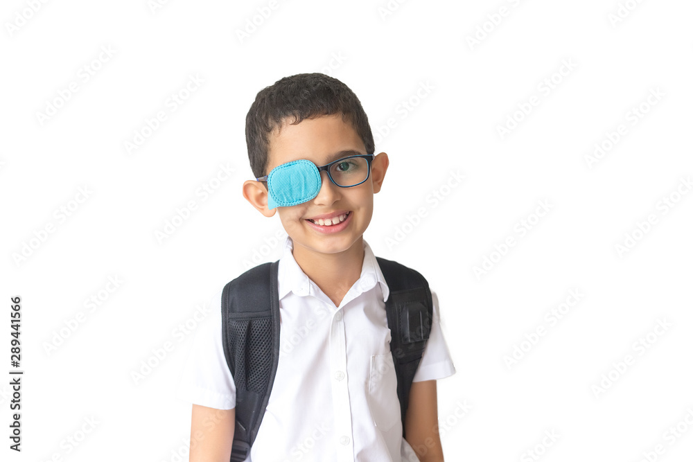 Portrait of boy in glasses with patch. Eye patch for glasses t treat lazy eye, amblyopia, strabismus. Portrait of boy in glasses with patch. Eye patch for glasses t treat lazy eye, amblyopia, strabismus.