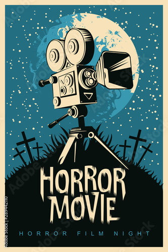 Vector poster for a festival of horror movie with an old film projector on a cemetery on a moonlit night. Scary cinema. Suitable for poster, flyer, billboard, web design, ticket, advertising