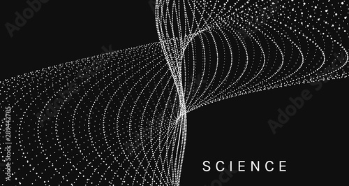 Array with dynamic particles. Swirl with connected dots. Abstract science or technology background. 3d vector illustration.