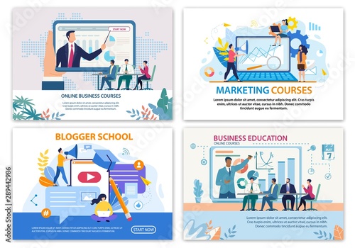 Bright Banner Set Online Business Courses Flat.