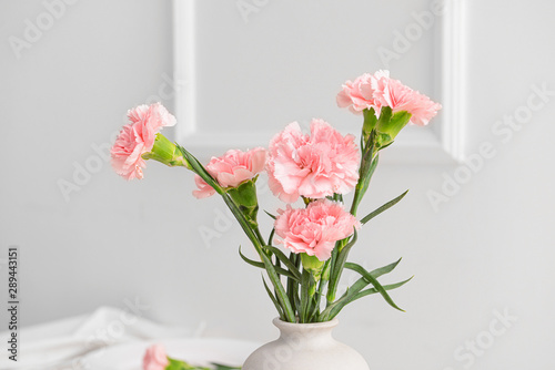 Beautiful carnation flowers in vase on light background
