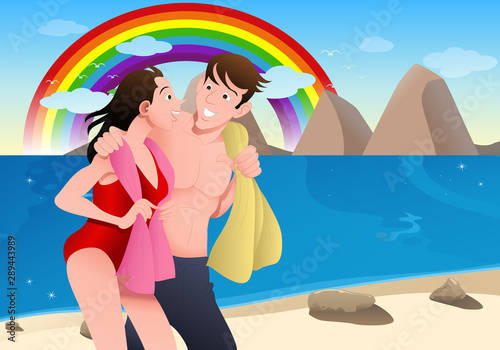 illustration of a couple going to swim in ocean on beach vacation