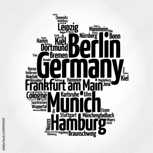 List of cities and towns in GERMANY, map word cloud collage, business and travel concept background