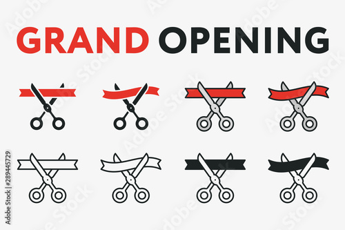 Grand Opening Ceremony Concept. Scissor Cut Red Ribbon. Flat Line Vector Icon Set. 