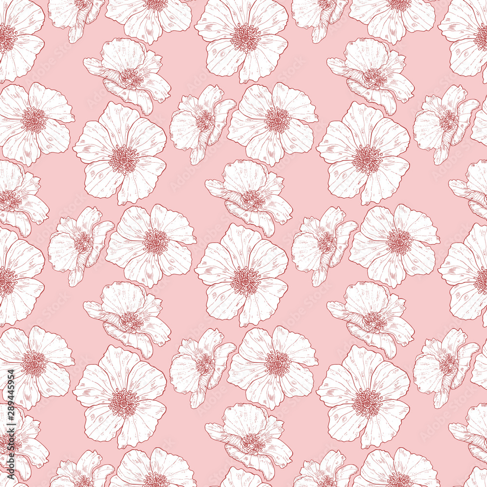 Floral seamless background with wild roses on the pink background. Endless texture for design.