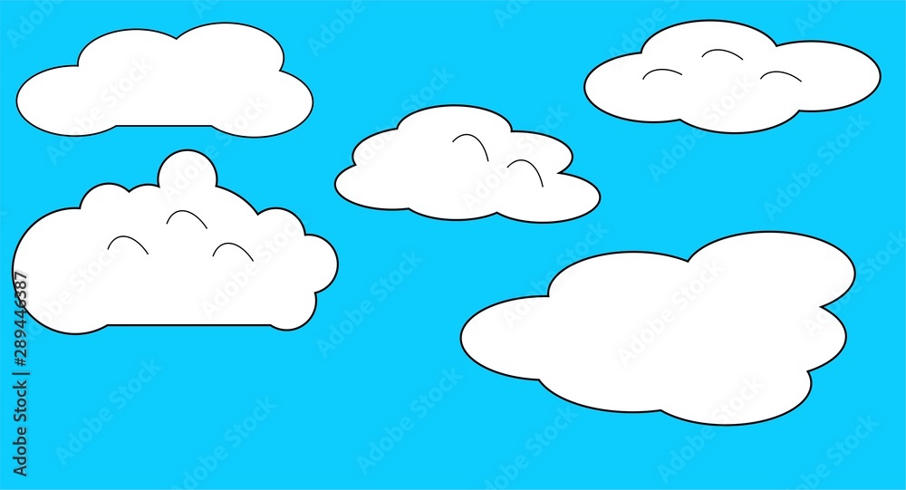 Cloud icons on blue background. Collection with flat design in different shapes and form. Vector sky cartoon illustration. For web, print, app design, weather forecast, web interface or cloud storage