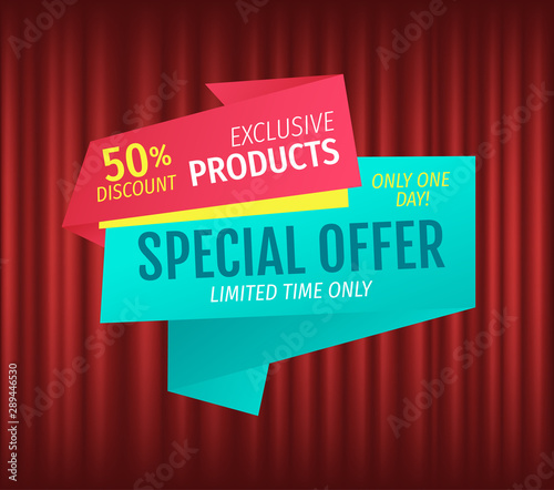 Advertisement of exclusive offer, hot discount percent, only one day. Retail sale poster, shopping icon, marketing symbol. Cheap, deal promotion, lowering of prices. Red curtain theater background