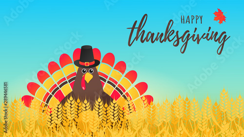 Happy thanksgiving day flat style design poster vector illustration with turkey in the field, text and autumn leaves. Turkey with hat and colored feathers celebrate holidays