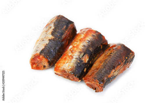 Canned fish (sardines, pilchards fish in tomato sauce)with soft shadow isolated on white background this has clipping path. 