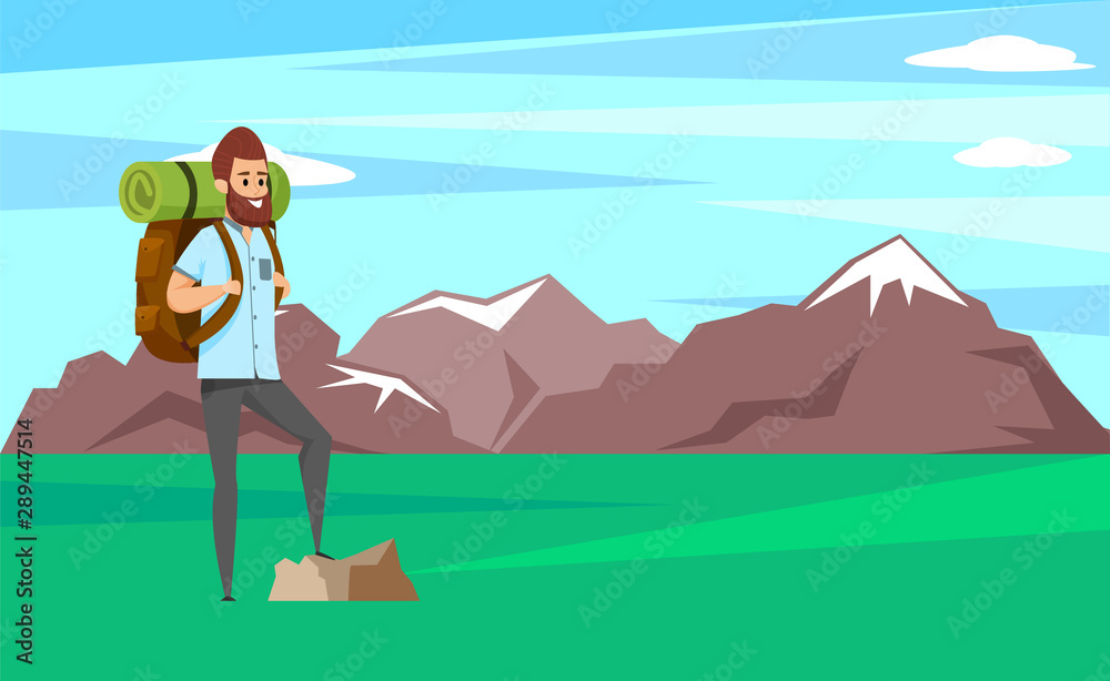 Smiling man with beard standing on rock, climber with backpack and mat on background of mountain peaks. Vector sporty male character hiking, active hobby