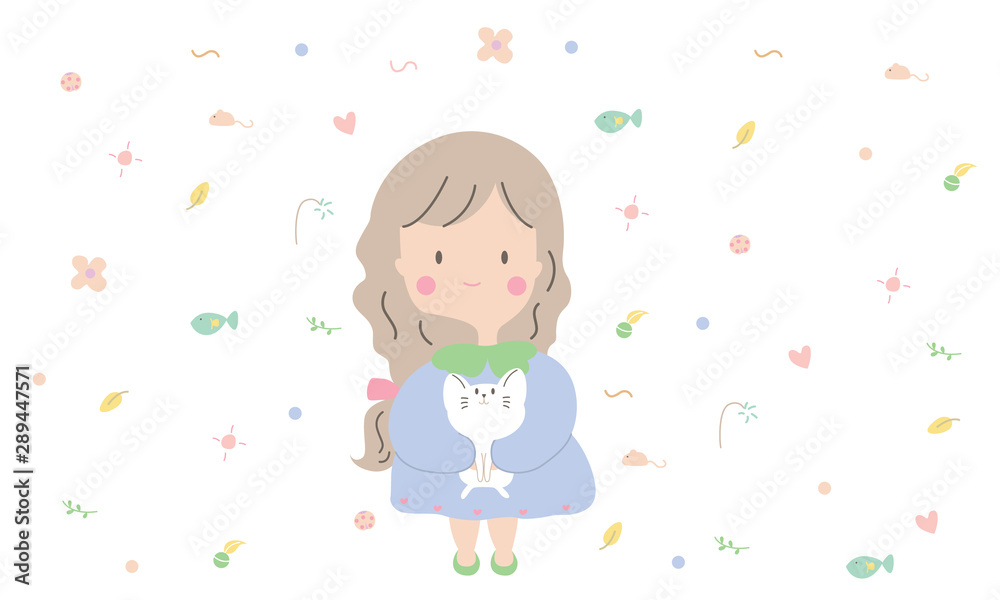 Cute girl with little cat cartoon vector pastel color Cute girl with little cat cartoon vector pastel color