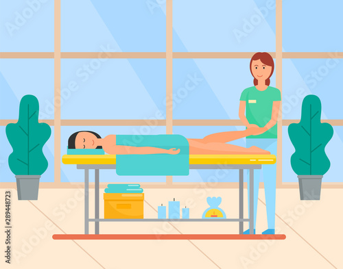 Beauty salon service of masseuse vector, lady laying on special table. Foot massage for client with towel on body. aromatherapy and treatment relax. Modern office with big windows