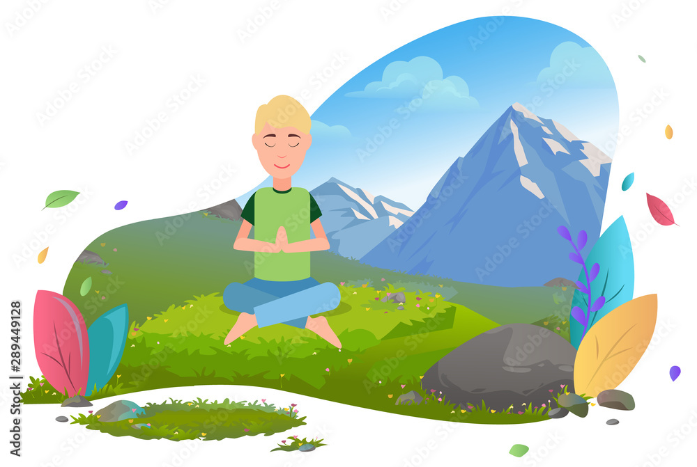 Mountain tourism, traveling man meditating in lotus pose vector. Traveler and landscape, guy and wild nature, rocks and harmony, levitation and wind. Mountain tourism. Flat cartoon