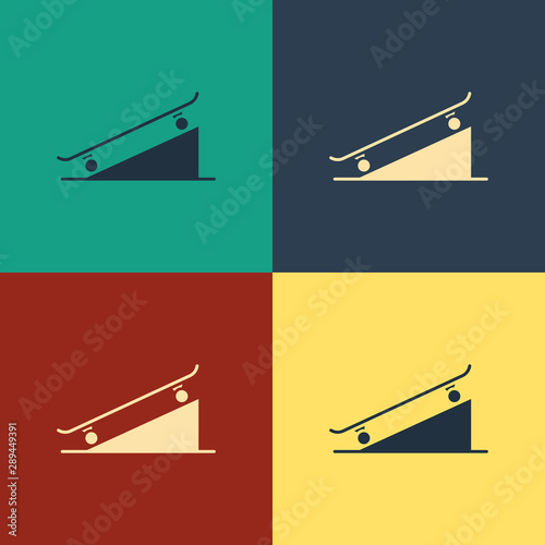 Color Skateboard on street ramp icon isolated on color background. Extreme sport. Sport equipment. Vintage style drawing. Vector Illustration